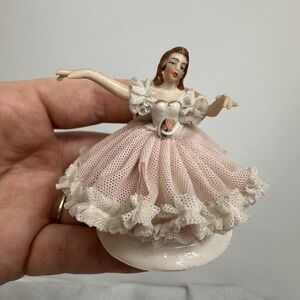 German Dresden Porcelain Lace Figurine Ballerina in a Chair Pink Dress #567